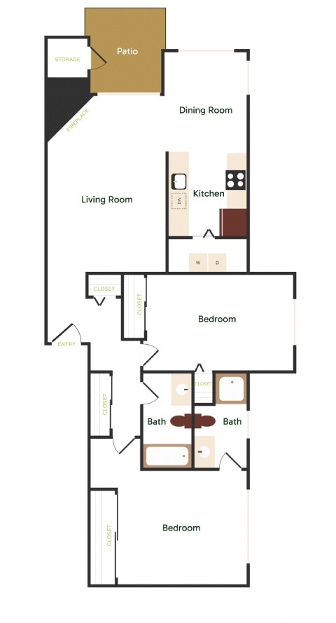 Floor plan for 2 beds, 2 baths, 1178 sqft